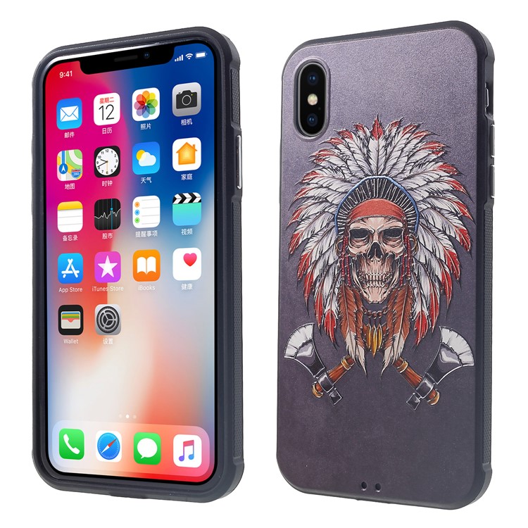 

Pattern Printing Embossment TPU Back Cover Case for iPhone XS / X 5.8 inch - Skull with Feather