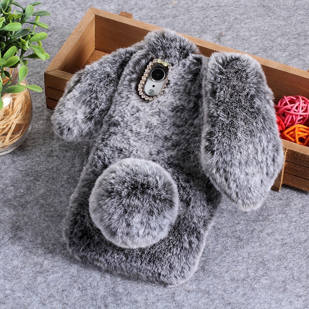 For iPhone 9 6.1 inch Cute Rabbit Bunny Warm Fur Soft TPU Mobile Cover - Dark Grey-1