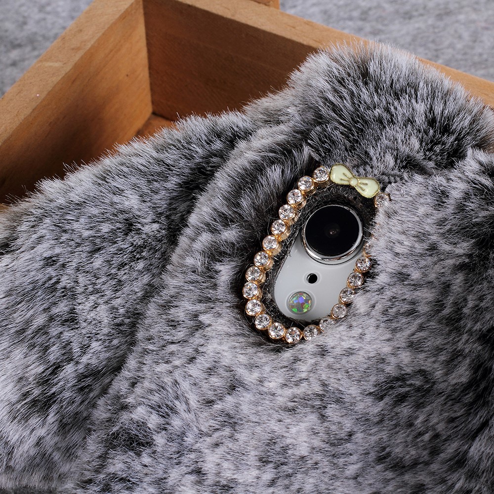 For iPhone 9 6.1 inch Cute Rabbit Bunny Warm Fur Soft TPU Mobile Cover - Dark Grey-2