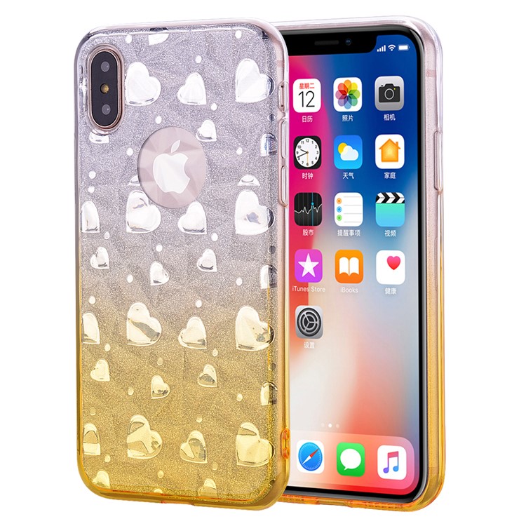 

3D Heart Diamond Grain Gradient Color Flexible TPU Protection Case for iPhone XS / X 5.8 inch - Gold, iPhone X