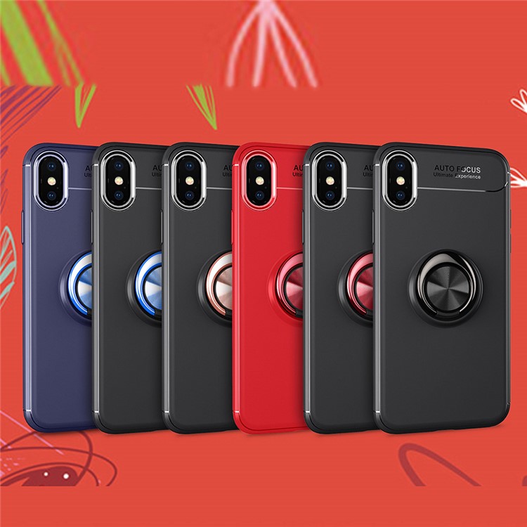 Metal Finger Ring Kickstand TPU Protective Case(Built-in Magnetic Metal Sheet) for iPhone XS Max 6.5 inch - Black / Red-6