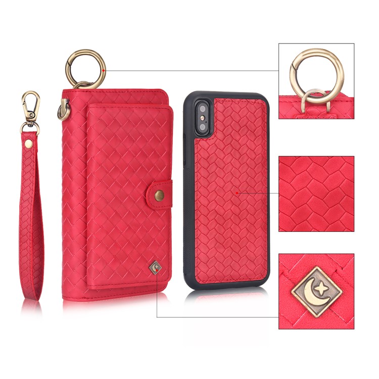 

Multifunctional Woven Texture Detachable Wallet Split Leather Protection Mobile Phone Case for iPhone Xs 5.8 inch - Red