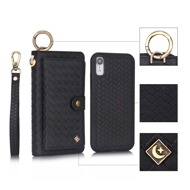 

Multifunctional Woven Texture Detachable Wallet Split Leather Protection Mobile Phone Cover for iPhone XS Max 6.5 inch - Black, iPhone XS Max
