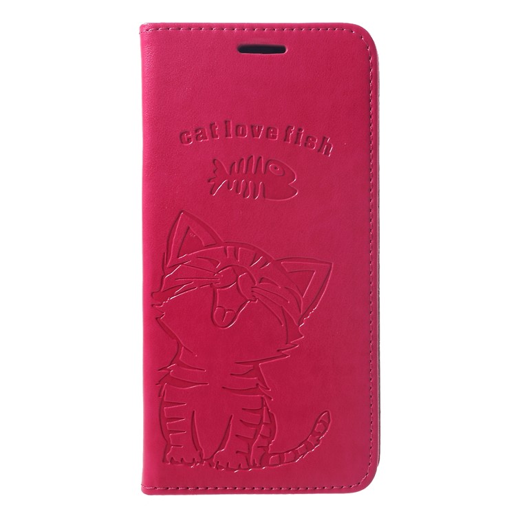 Imprint Cat and Fish Bone Leather Wallet Mobile Phone Case for iPhone 9 Plus 6.5 inch - Rose-3