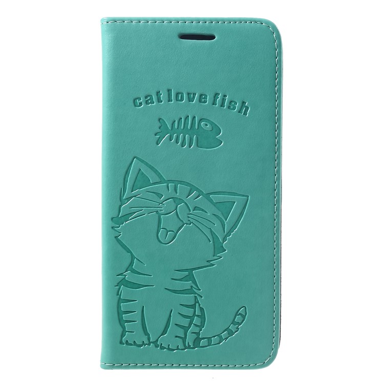 

Imprint Cat and Fish Bone Leather Wallet Mobile Phone Accessory Cover for iPhone XS Max 6.5 inch - Cyan