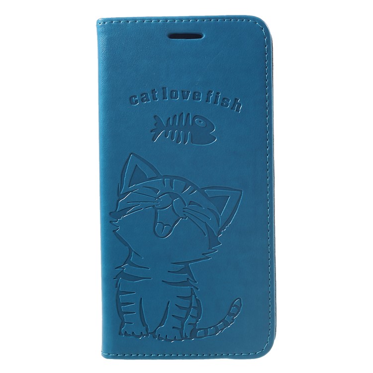 

Imprint Cat and Fish Bone Leather Wallet Mobile Phone Cover Accessory for iPhone XS Max 6.5 inch - Baby Blue