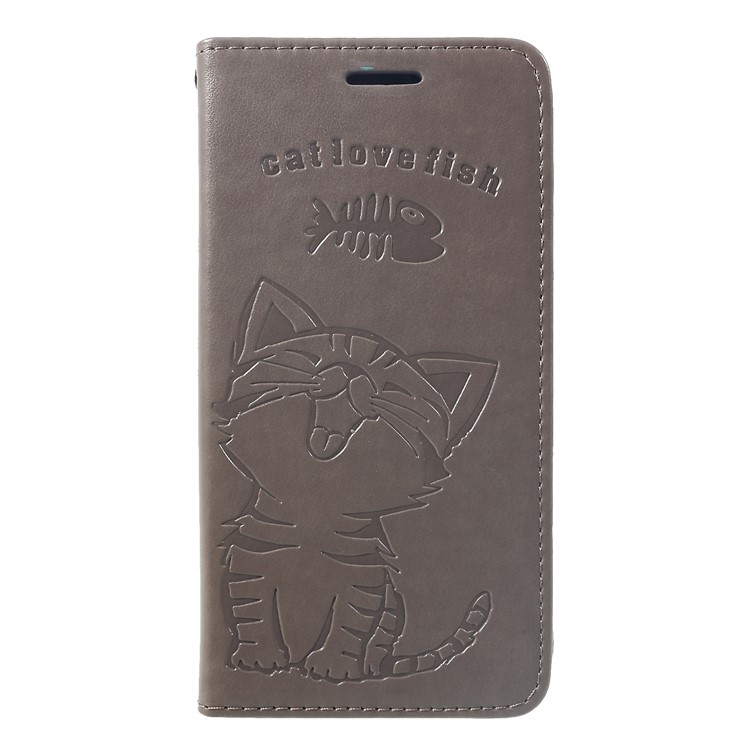 

Imprint Cat and Fish Bone PU Leather Phone Case [with Wallet Stand] for iPhone X - Grey