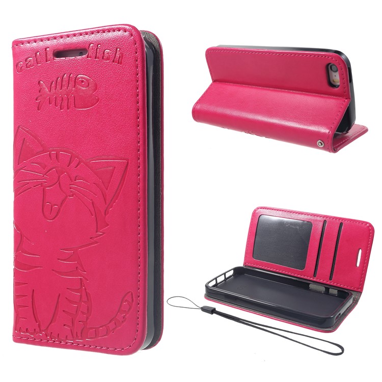 Impressão Gato E Osso De Peixe PU Carteira De Couro Stand Phone Case Para Telefone SE / 5s / 5 - Rosa-1