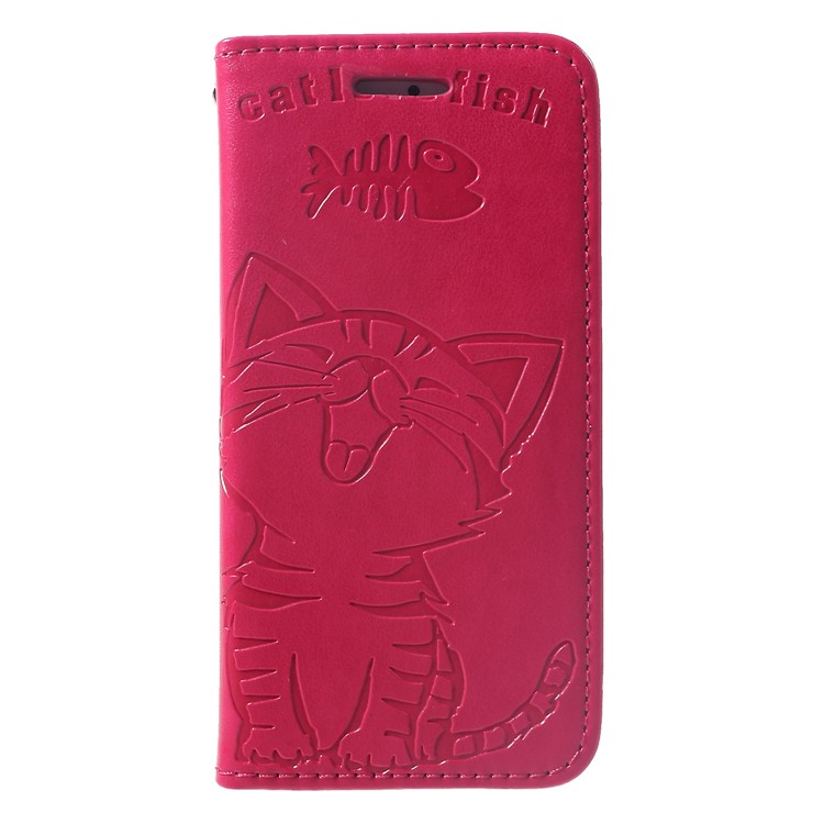 Impressão Gato E Osso De Peixe PU Carteira De Couro Stand Phone Case Para Telefone SE / 5s / 5 - Rosa-3