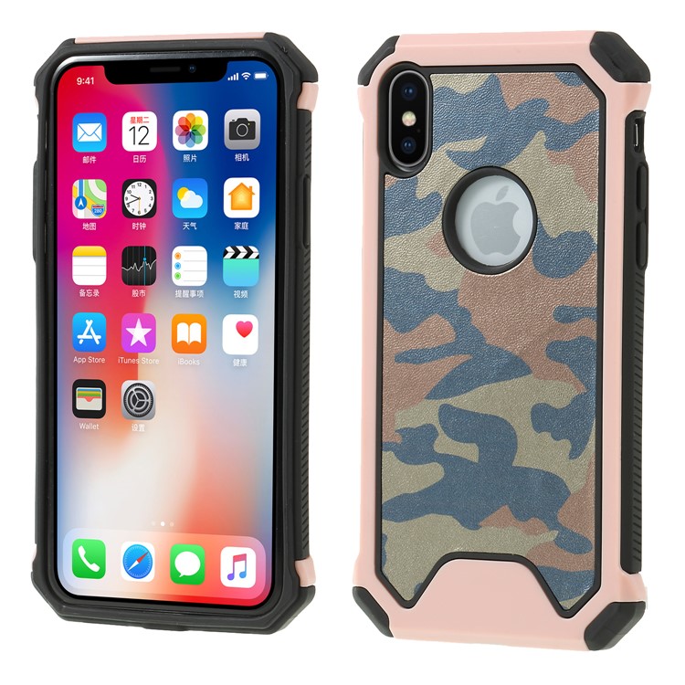 Camouflage Leather Coated PC TPU Combo Case for iPhone Xs 5.8 inch - Rose Gold-1