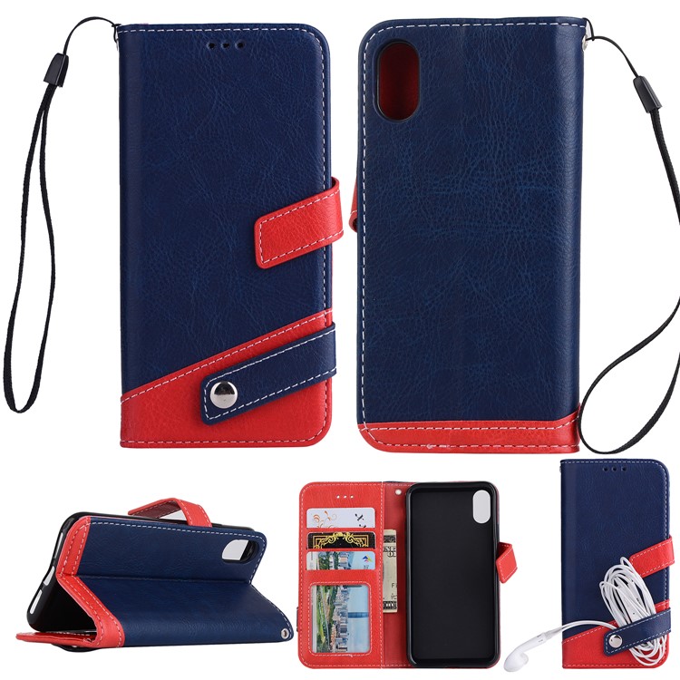 

Litchi Texture PU Leather Wallet Stand Mobile Cover (Contrast Color) for iPhone XR 6.1 inch - Dark Blue