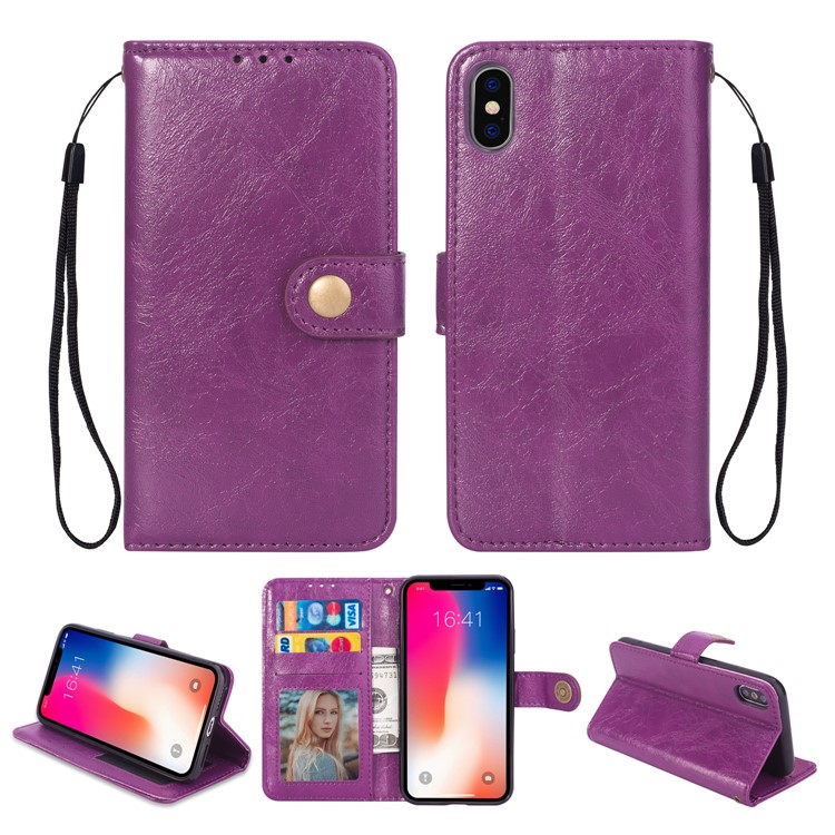 

Metal Buckle PU Leather Stand Wallet Cell Phone Case for iPhone XR 6.1 inch - Purple, iPhone XR