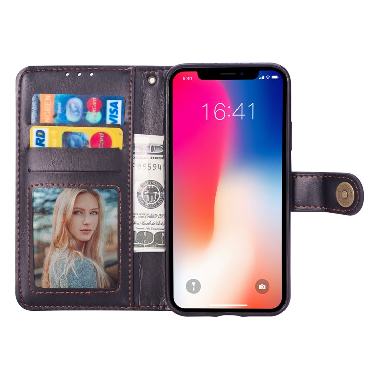 Metal Buckle PU Leather Stand Wallet Case for iPhone 9 Plus 6.5 inch - Black-4