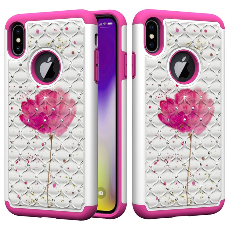 Pattern Printing Rhinestone Decoration PC TPU Hybrid Case for iPhone 9 Plus 6.5 inch - Pink Flower-1