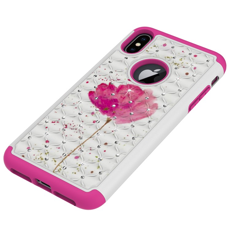 Pattern Printing Rhinestone Decoration PC TPU Hybrid Case for iPhone 9 Plus 6.5 inch - Pink Flower-2
