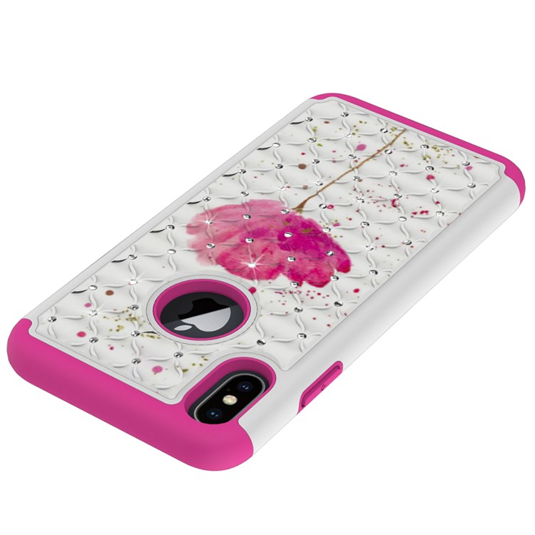 Pattern Printing Rhinestone Decoration PC TPU Hybrid Case for iPhone 9 Plus 6.5 inch - Pink Flower-3