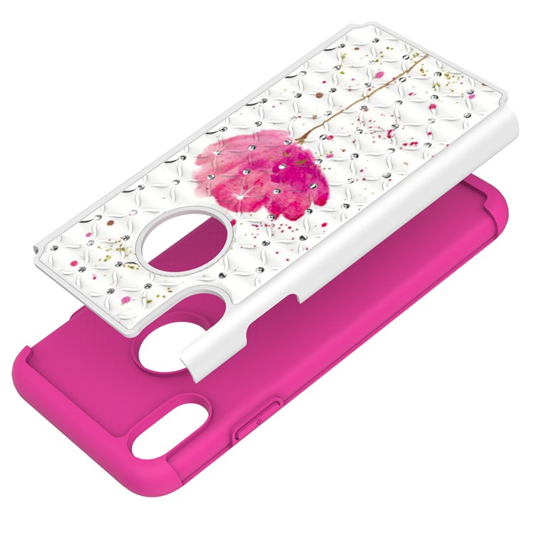 Pattern Printing Rhinestone Decoration PC TPU Hybrid Case for iPhone 9 Plus 6.5 inch - Pink Flower-4