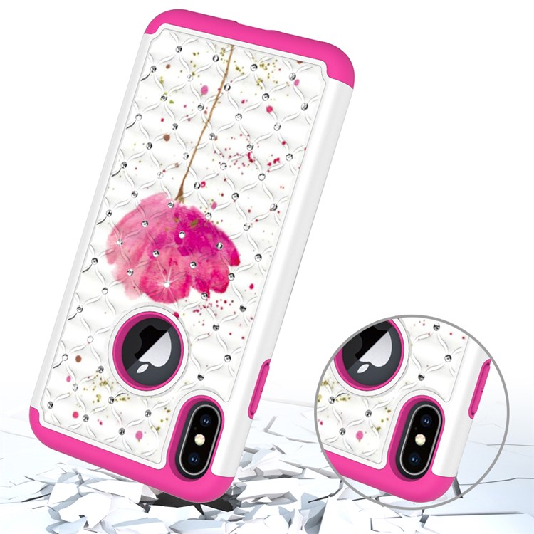 Pattern Printing Rhinestone Decoration PC TPU Hybrid Case for iPhone 9 Plus 6.5 inch - Pink Flower-5