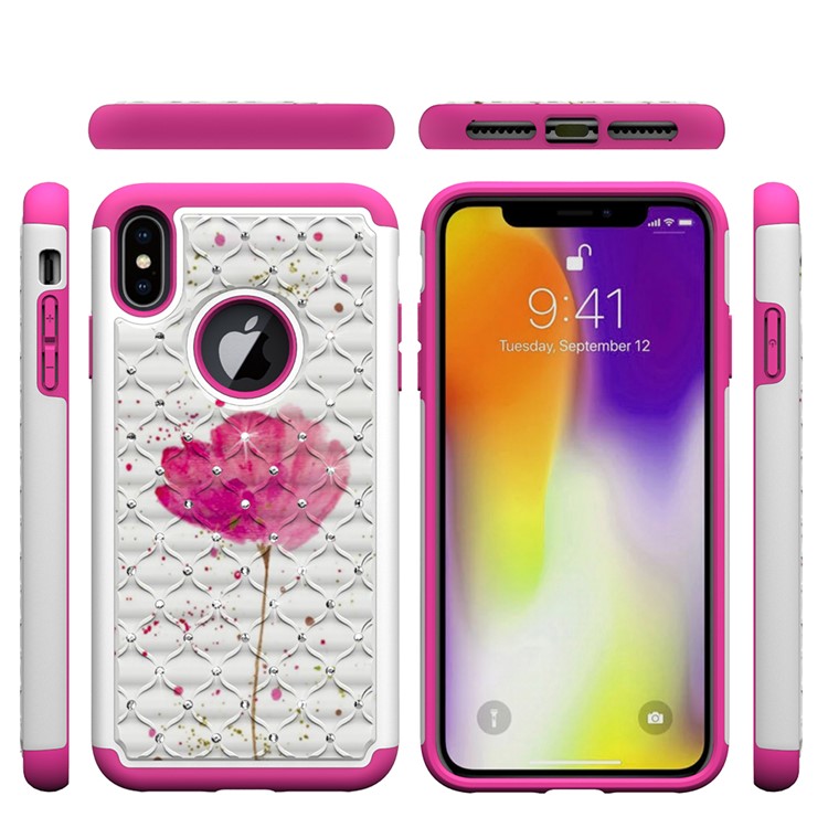 Pattern Printing Rhinestone Decoration PC TPU Hybrid Case for iPhone 9 Plus 6.5 inch - Pink Flower-6