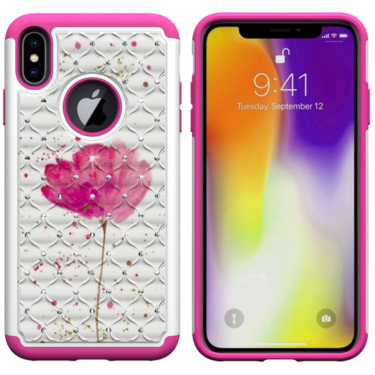 Pattern Printing Rhinestone Decoration PC TPU Hybrid Case for iPhone 9 Plus 6.5 inch - Pink Flower-7
