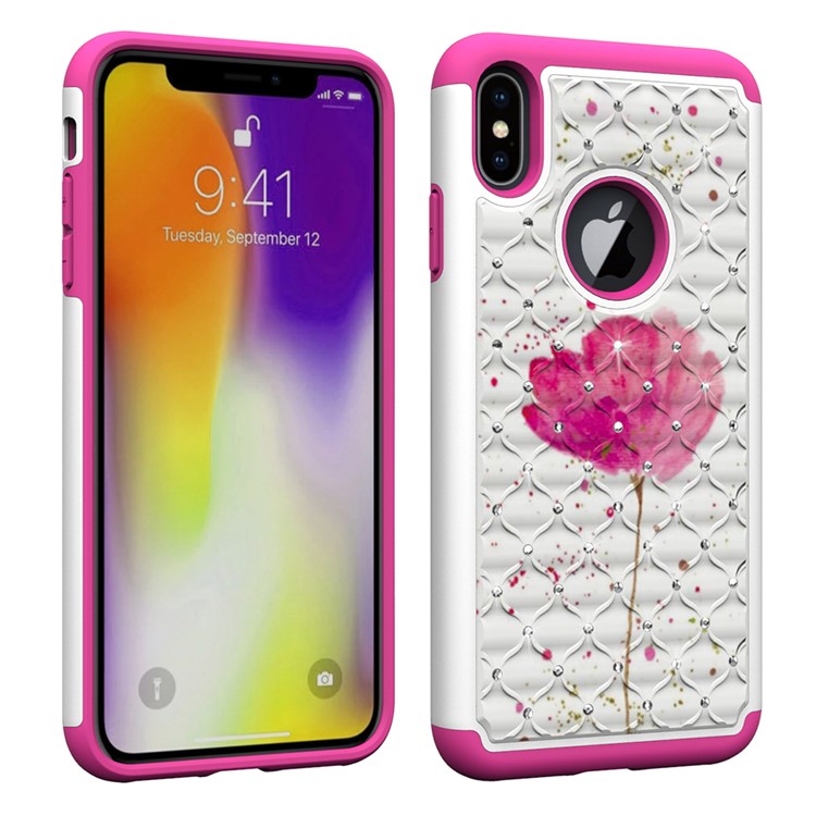Pattern Printing Rhinestone Decoration PC TPU Hybrid Case for iPhone 9 Plus 6.5 inch - Pink Flower-8