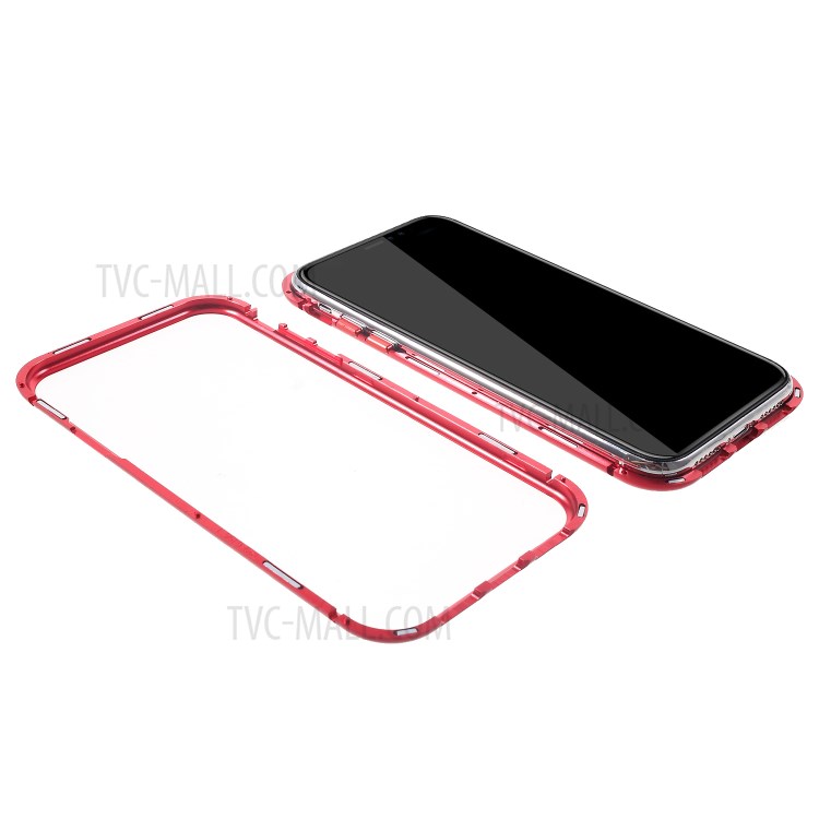 Magnetic Adsorption Case for iPhone XR 6.1 inch Metal Frame + Tempered Glass Back - Red-12