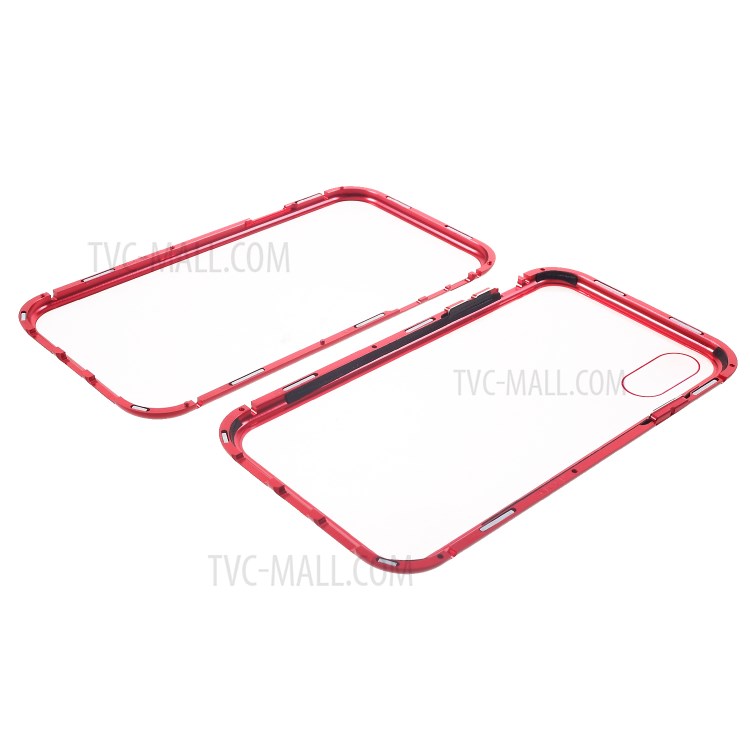 Magnetic Adsorption Case for iPhone XR 6.1 inch Metal Frame + Tempered Glass Back - Red-13
