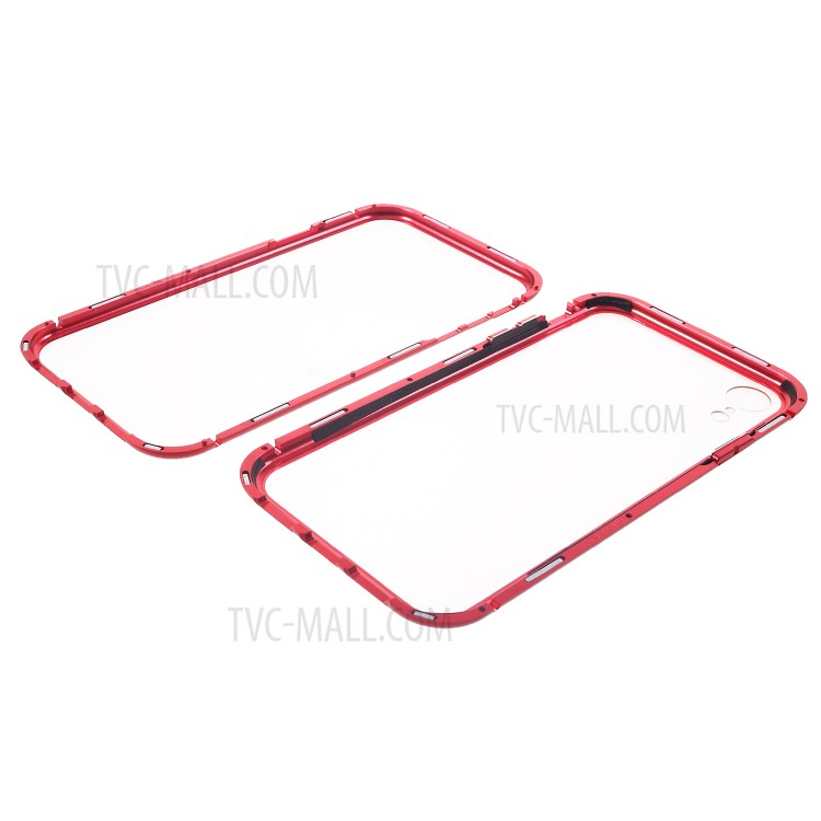 Magnetic Adsorption Case for iPhone XR 6.1 inch Metal Frame + Tempered Glass Back - Red-15