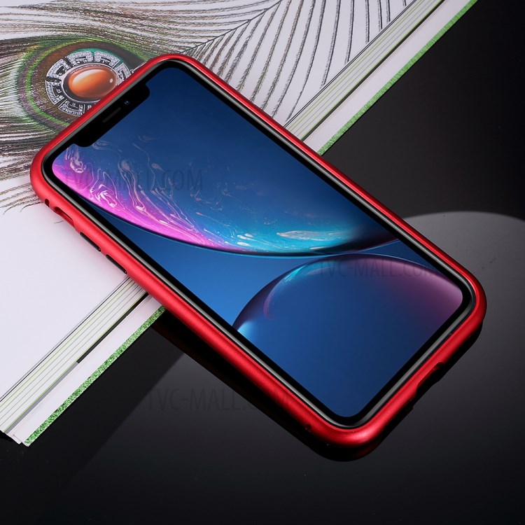 Magnetic Adsorption Case for iPhone XR 6.1 inch Metal Frame + Tempered Glass Back - Red-5