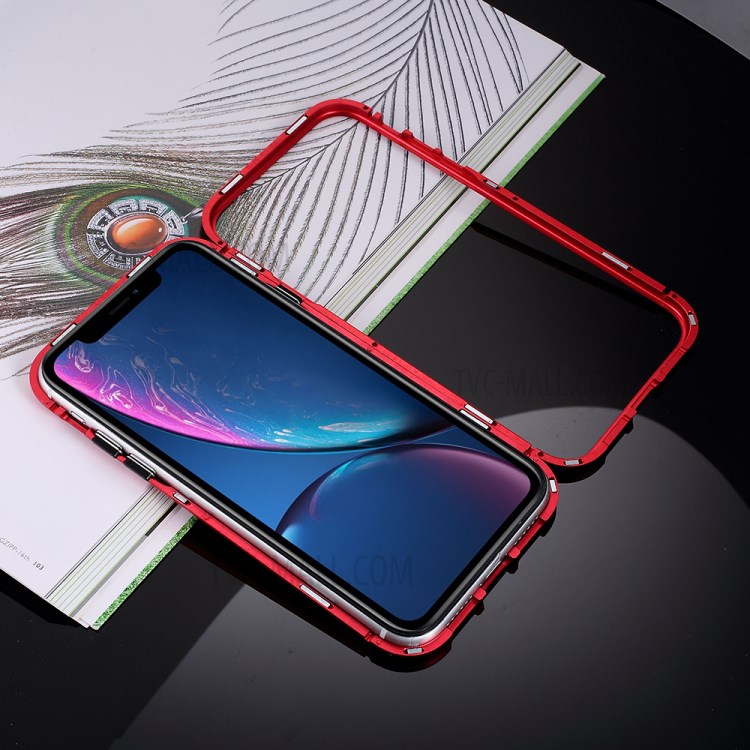 Magnetic Adsorption Case for iPhone XR 6.1 inch Metal Frame + Tempered Glass Back - Red-7