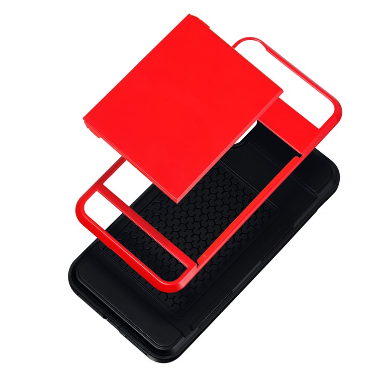 For iPhone 9 Plus 6.5 inch Sliding Card Holder PC + TPU Hybrid Phone Case - Red-4