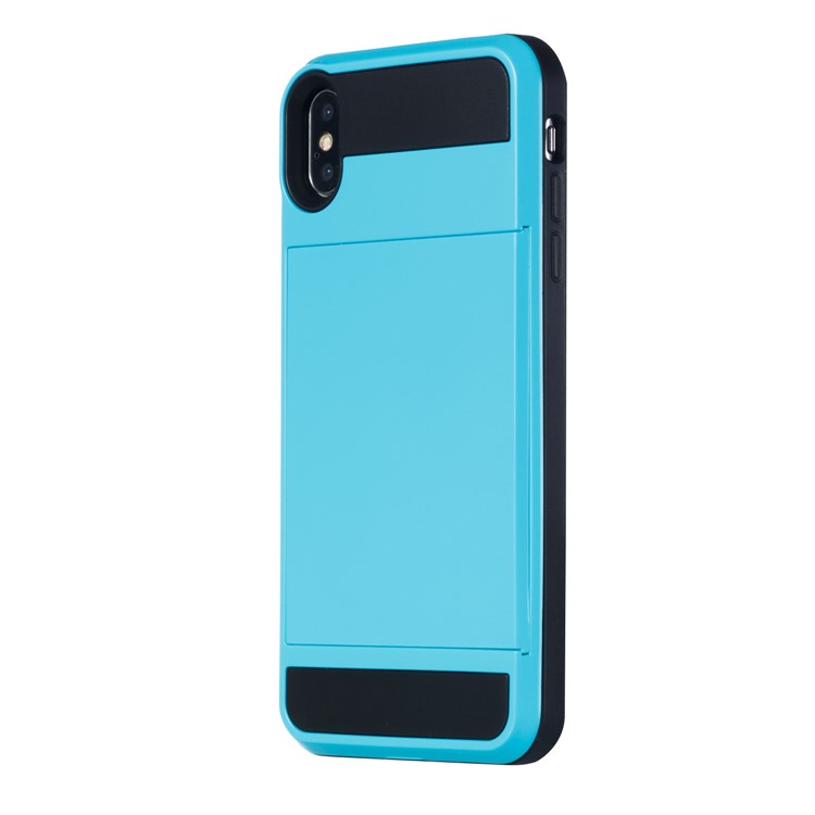 

For iPhone XS Max 6.5 inch Sliding Card Holder PC + TPU Hybrid Cellphone Shell - Sky Blue, iPhone XS Max