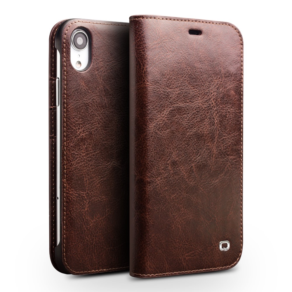 QIALINO Genuine Cowhide Leather Wallet Phone Case for iPhone XR 6.1 inch - Brown
