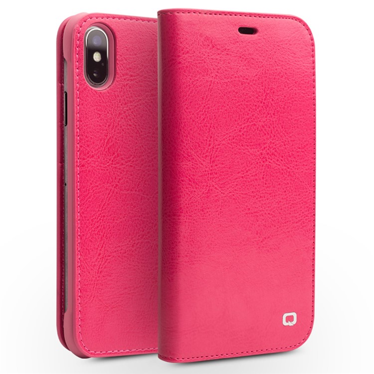 QIALINO Genuine Cowhide Leather Wallet Cover for iPhone Xs Max 6.5 inch - Rose-1