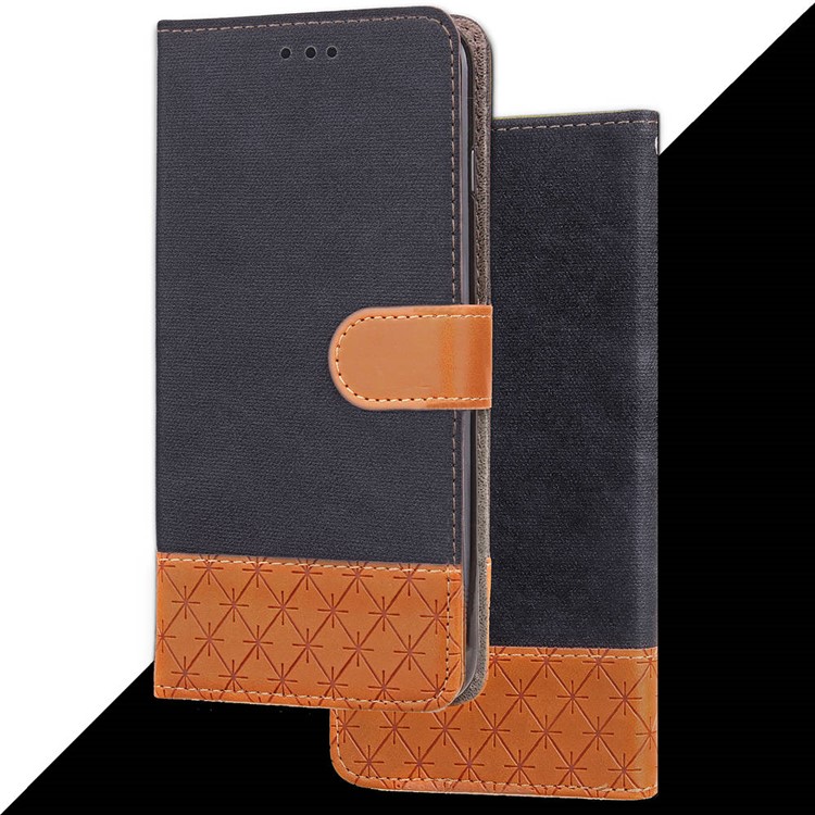 Contrast Color Jeans Cloth Rhombus Leather Wallet Folio Case for iPhone XS Max 6.5 inch - Black-10