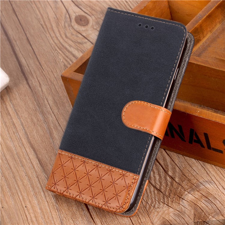 Contrast Color Jeans Cloth Rhombus Leather Wallet Folio Case for iPhone XS Max 6.5 inch - Black-11