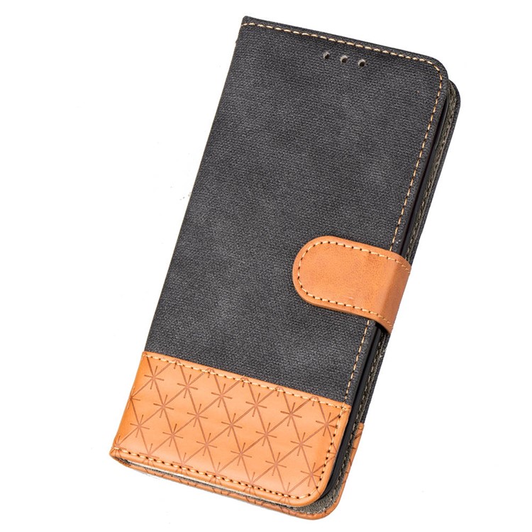 Contrast Color Jeans Cloth Rhombus Leather Wallet Folio Case for iPhone XS Max 6.5 inch - Black-7