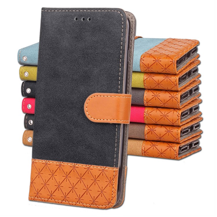 Contrast Color Jeans Cloth Rhombus Leather Wallet Folio Case for iPhone XS Max 6.5 inch - Black-9
