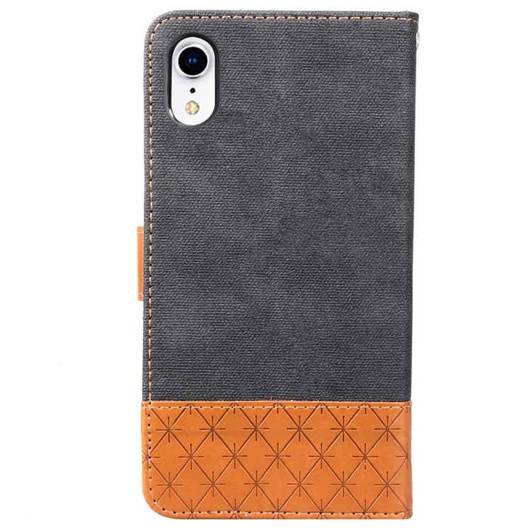 Bi-Color Jeans Cloth Rhombus Leather Wallet Case for iPhone XR 6.1 inch - Black-3