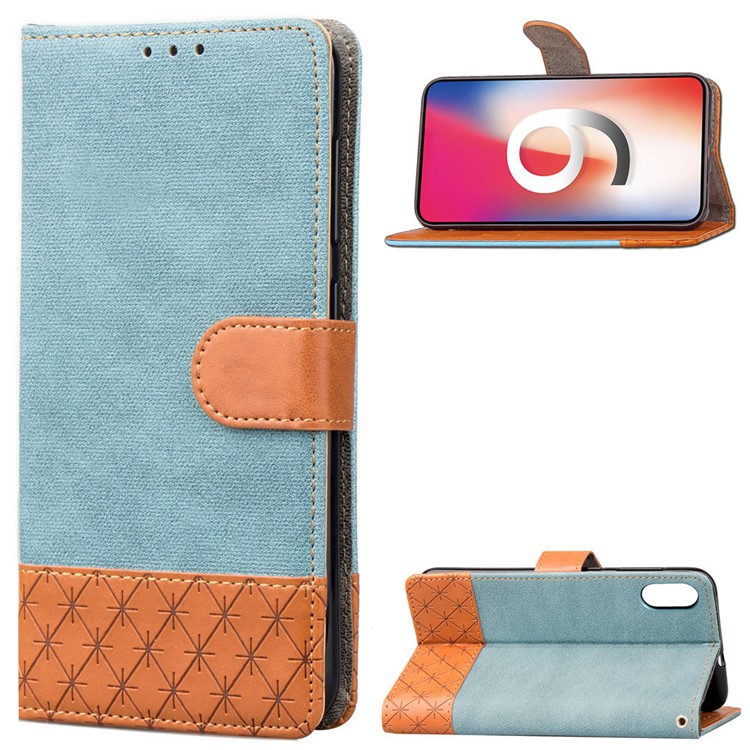 

Bi-Color Jeans Cloth Rhombus Leather Wallet Cell Phone Case for iPhone XR 6.1 inch - Blue, iPhone XR