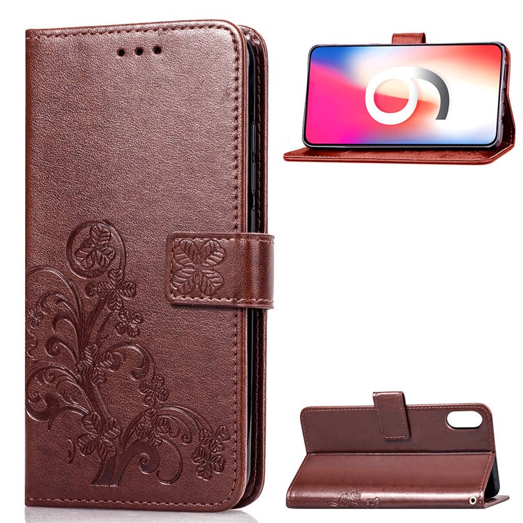 Imprint Clover Pattern Leather Wallet Stand Cell Phone Shell for iPhone XS Max 6.5 inch - Brown-1