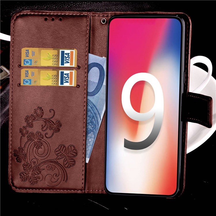 Imprint Clover Pattern Leather Wallet Stand Cell Phone Shell for iPhone XS Max 6.5 inch - Brown-9