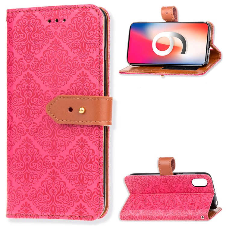 

Imprinted Damask Flower Pattern Wallet Leather Stand Cover for iPhone XR 6.1 inch - Rose