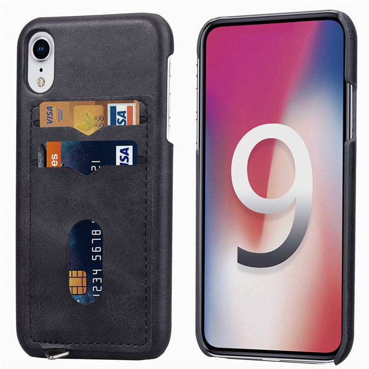 PU Leather + Plastic Hard Phone Accessory Case with Metal Hooks and Card Slots for iPhone XR 6.1 inch - Black-1