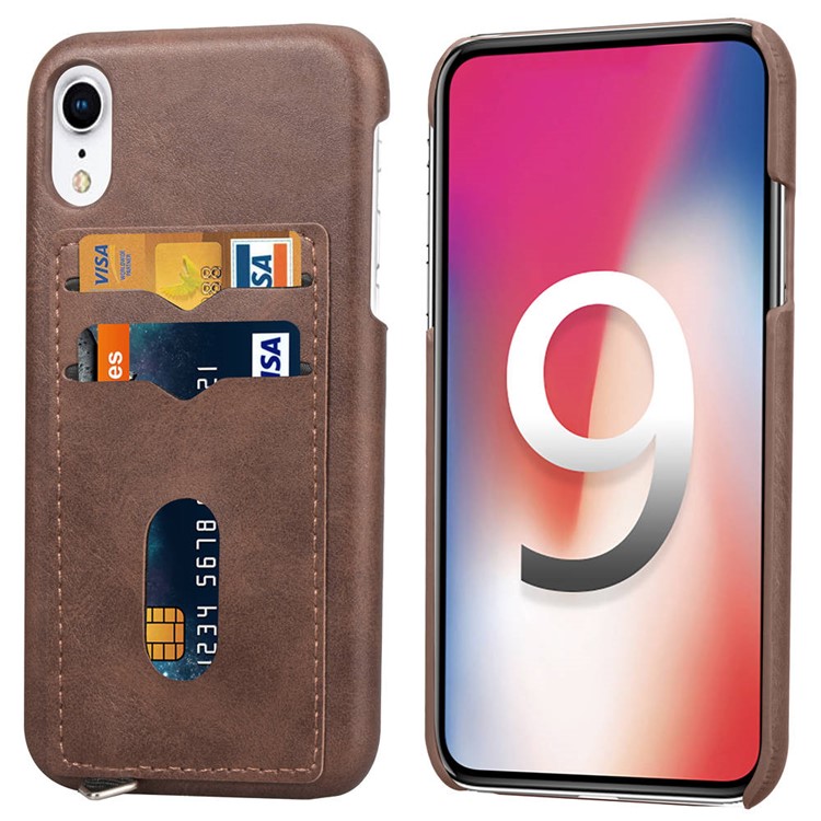 

PU Leather + Plastic Hard Phone Cover with Metal Hooks and Card Slots for iPhone XR 6.1 inch - Coffee, iPhone XR 6.1 inch