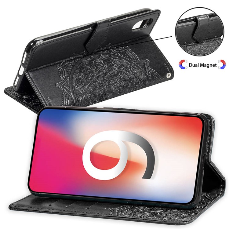 Imprinted Half Mandala Flower Wallet Leather Case with Stand for iPhone XS Max 6.5 inch - Black-6