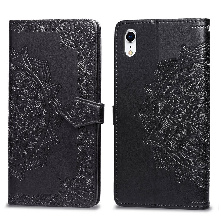 Imprinted Half Mandala Flower Leather Wallet Stand Case for iPhone XR 6.1 inch - Black-1