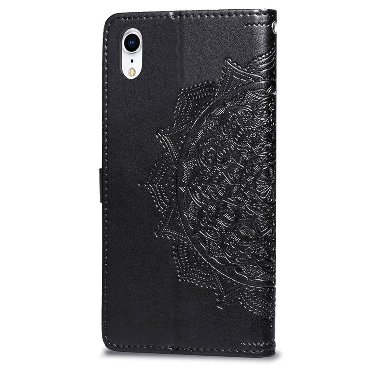 Imprinted Half Mandala Flower Leather Wallet Stand Case for iPhone XR 6.1 inch - Black-4