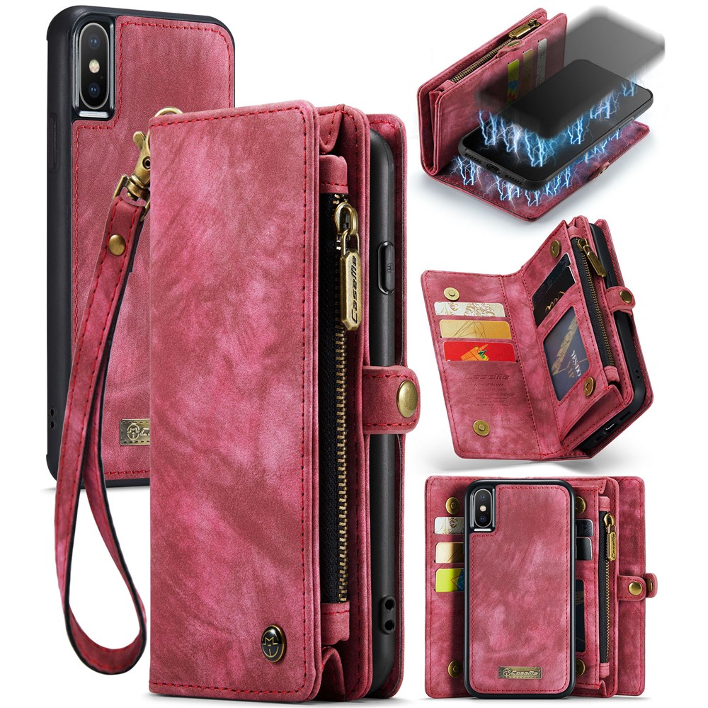 CASEME Vintage Split Leather Detachable 2-in-1 Multi-slot Wallet Cover for iPhone Xs Max 6.5-inch - Red