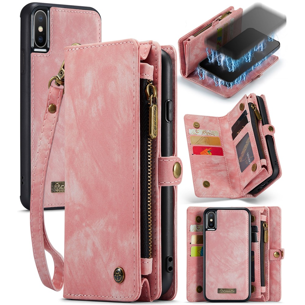 CASEME Vintage PU Leather Detachable 2-in-1 Multi-slot Wallet Casing for iPhone Xs Max 6.5-inch - Pink